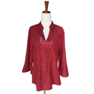 Saint Tropez West Tunic Women's Large Red Silk Embroidered Sequin V-Neck Top
